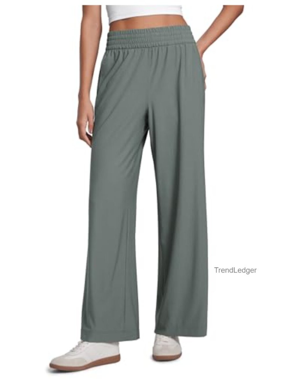 Wide Leg High Rise Casual Pants Recycled Polyester Blend Stretch Drawstring